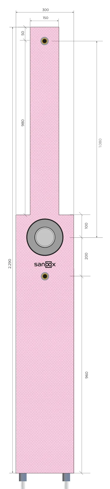 Katalogzeichnung Dusche lang, Hansgrohe iBox 0180, Unterputz-Körper inkl. Anschluss für Kopf- und Handbrause, Rohrführung unten lang, Massivbau (M05-0450) mit Maßen