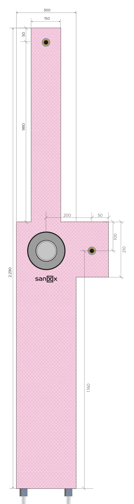 Katalogový výkres Sprcha, dlouhé provedení, Grohe Smartbox 35604, podomítkové těleso s přípojkami pro hlavovou a ruční sprchu, vpravo, vývod trubek dole, dlouhé trubky, Zděná konstrukce (M05-0461) s rozměry