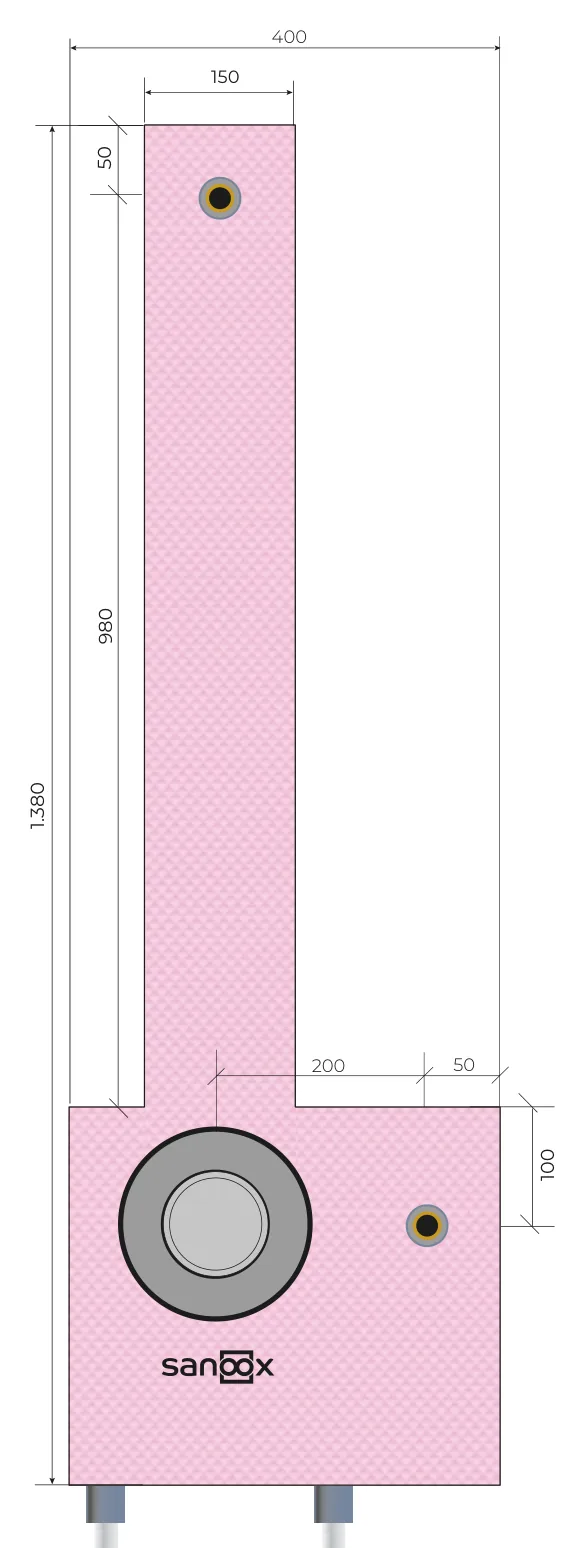 Katalogzeichnung Dusche kurz, Hansgrohe iBox 2.0 0150, Unterputz-Körper inkl. Anschluss für Kopf- und Handbrause rechts, Rohrführung unten lang, Massivbau (M05-1206) mit Maßen