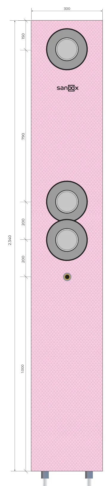 Katalogzeichnung Dusche lang, Hansgrohe iBox 2.0 0150, für Hansgrohe Shower Select, Rohrführung unten lang, Massivbau (M05-0491) mit Maßen