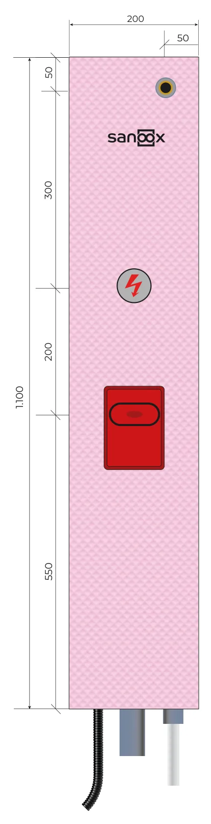 Katalogový výkres Pračka, dlouhé provedení, s vestavěnou elektroinstalační krabičkou, vývod trubek dole, dlouhé trubky, Zděná konstrukce (M07-0602) s rozměry