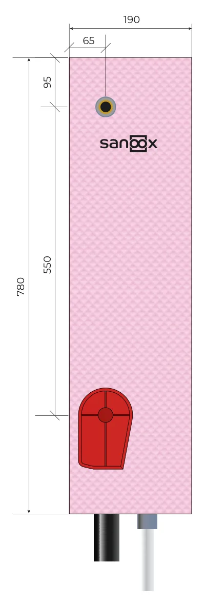 Katalogzeichnung Waschmaschine lang, Rohrführung unten lang, Massivbau (M07-0594) mit Maßen