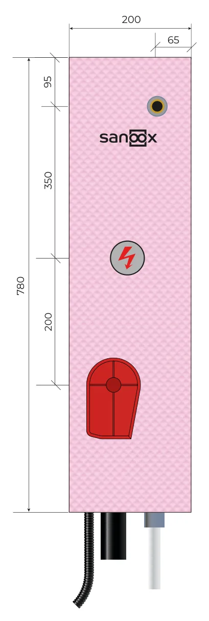 Kataloški crtež Perilica rublja, duga izvedba, s ugrađenom elektroinstalacijskom kutijom, izlaz cijevi dolje, duge cijevi, Zidana gradnja (M07-0604) s mjerama