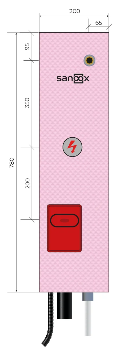 Katalogzeichnung Waschmaschine lang, mit eingebauter Elektrodose, Rohrführung unten lang, Massivbau (M07-0606) mit Maßen