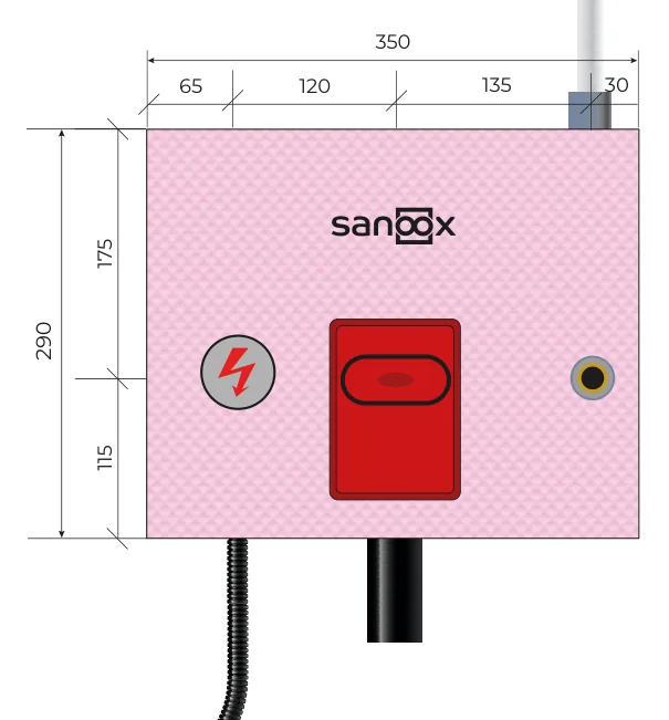 Catalogue drawing Washing machine, short, with built-in electrical box, pipes exit at the top, short pipes, Masonry (M07-1442) with dimensions
