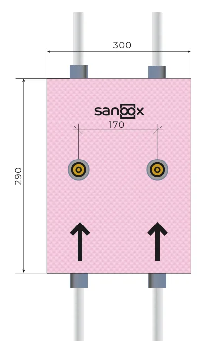 Catalogue drawing Apartment shut-off, short, 2 concealed valves, 1/2″, pipes run straight through, short pipes, Masonry (M10-1510) with dimensions