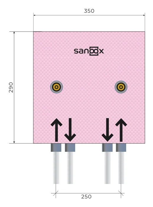 Catalogue drawing Apartment shut-off, short, 2 concealed valves, 1/2″, pipes exit at the bottom, short pipes, Masonry (M10-1520) with dimensions