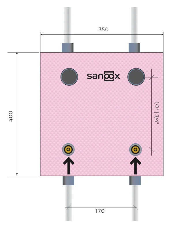 Catalogue drawing Water meter, short, 2 concealed valves and 2 water meters, 1/2″, pipes run straight through, short pipes, Masonry (M10-1550) with dimensions