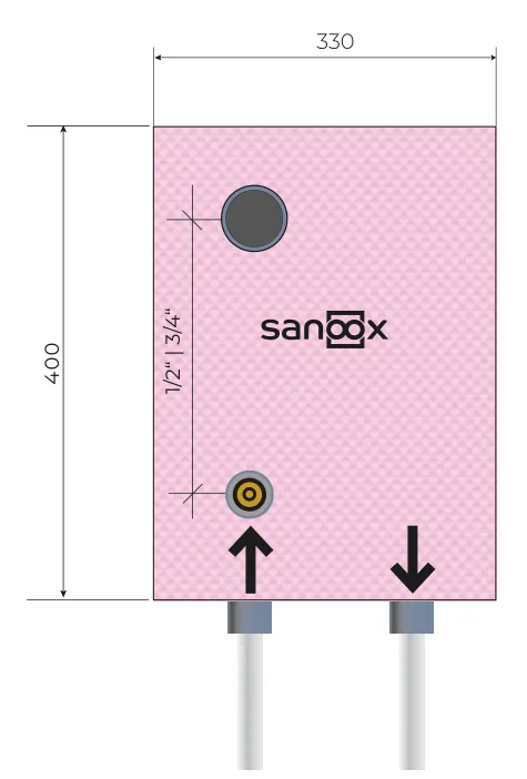 Catalogue drawing Water meter, short, concealed valve and 1 water meter, 1/2″, pipes exit at the bottom, short pipes, Masonry (M10-1531) with dimensions