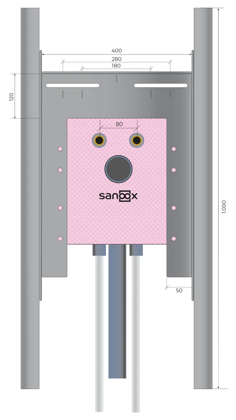 Katalogzeichnung Waschtisch-Montageelement, mit U-Schienen, Rohrführung unten lang, Trockenbau (T01-2040) mit Maßen