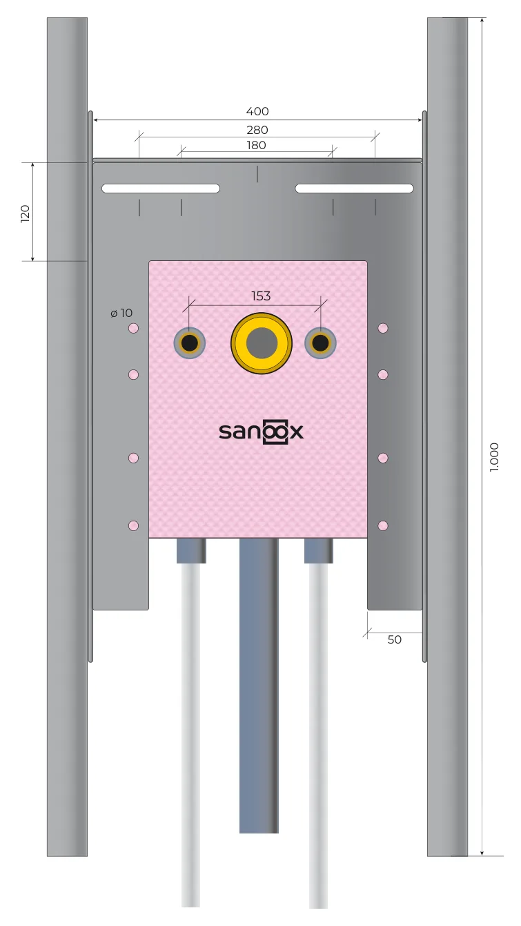 Disegno di catalogo Modulo di installazione per lavabo, con profili a U, con sifone da incasso HL 134, uscita tubi in basso, tubi lunghi, Cartongesso (T01-2050) con dimensioni