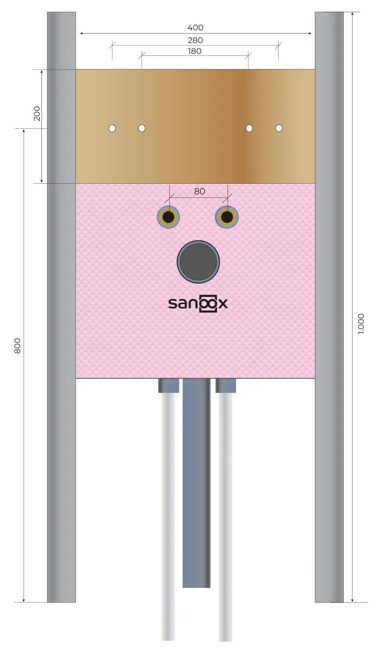 Catalogue drawing Washbasin installation element, with U-profile and multi-layer mounting board, pipes exit at the bottom, long pipes, Drywall (T01-2060) with dimensions