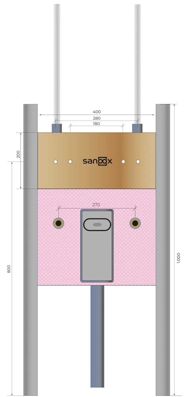 Catalogue drawing Washbasin installation element, with U-profile and multi-layer mounting board, concealed trap Geberit 151.125.00.1, pipes exit at the top, long pipes, Drywall (T01-2570) with dimensions