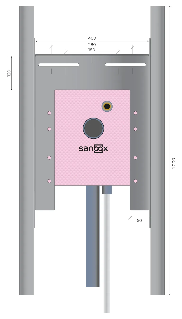Katalogzeichnung Handwaschbecken-Montageelement, nur Kaltwasser, mit U-Schienen, Rohrführung unten lang, Trockenbau (T03-2200) mit Maßen