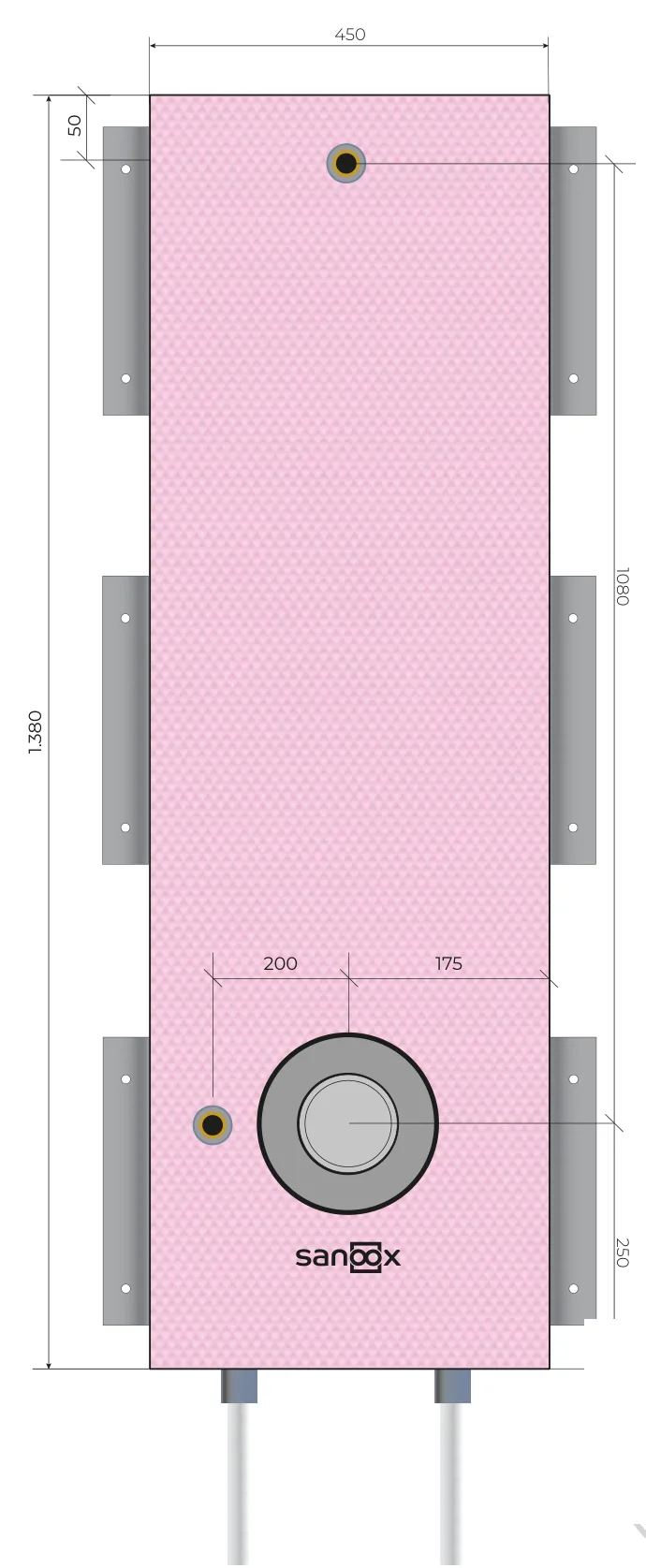Katalogzeichnung Dusche lang, Hansgrohe iBox 2.0 0150, Unterputz-Körper inkl. Anschluss für Kopfbrause links, Rohrführung unten lang, Trockenbau (T05-2707) mit Maßen