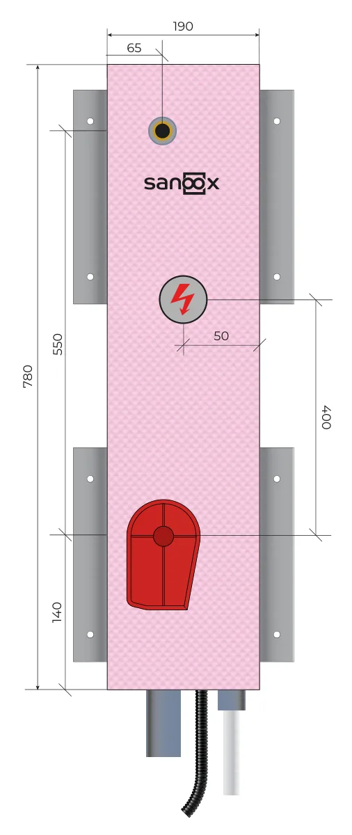 Katalogzeichnung Waschmaschine lang, mit eingebauter Elektrodose, Rohrführung unten lang, Trockenbau (T07-2405) mit Maßen
