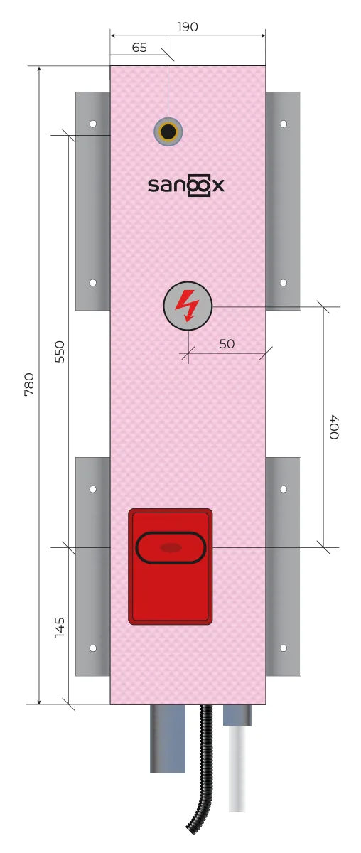 Katalogzeichnung Waschmaschine lang, mit eingebauter Elektrodose, Rohrführung unten lang, Trockenbau (T07-2790) mit Maßen