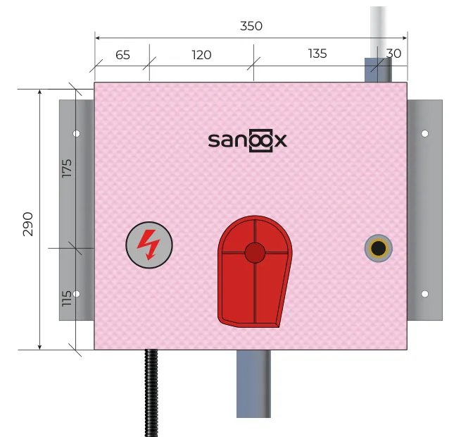 Catalogue drawing Washing machine, short, with built-in electrical box, pipes exit at the top, short pipes, Drywall (T07-2425) with dimensions