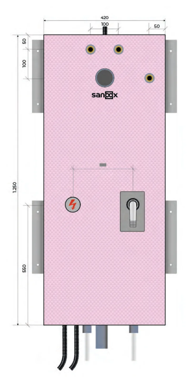 Katalogzeichnung Elektrospeicher Waschmaschine lang, mit E-Dose, E-Leerverrohrung für Speicher, Rohrführung unten lang, Trockenbau (T09-2455) mit Maßen