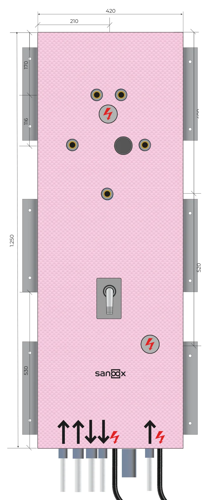 Katalogzeichnung FW-Speicher lang, Thermograf, Rohrführung unten lang, Trockenbau (T09-2460) mit Maßen
