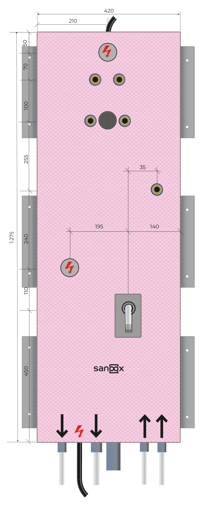 Katalogzeichnung FW-Speicher lang, Austria Email - FSN110/FSN140 Rohrführung unten lang, Trockenbau (T09-2465) mit Maßen