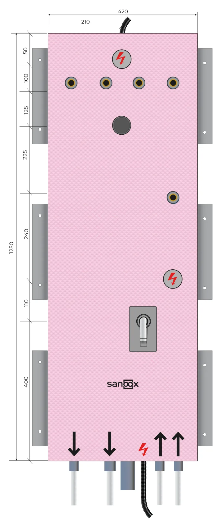 Katalogzeichnung FW-Speicher lang, Austria Email - FSV110/FSV140 Rohrführung unten lang, Trockenbau (T09-2470) mit Maßen