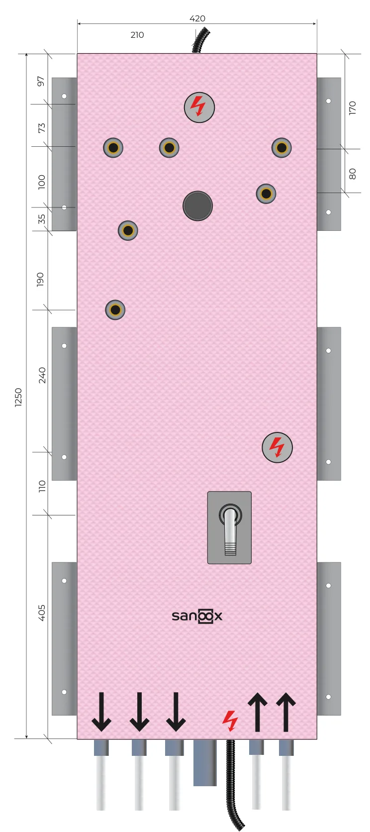 Katalogzeichnung FW-Speicher lang, Austria Email - FSV110/FSV140-2WZ, Rohrführung unten lang, Trockenbau (T09-2475) mit Maßen
