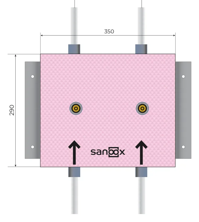 Catalogue drawing Apartment shut-off, short, 2 concealed valves, 1/2″, pipes run straight through, short pipes, Drywall (T10-2490) with dimensions